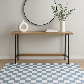 4' X 6' Blue And Off White Checkered Area Rug