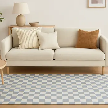 5' X 8' Blue And Off White Checkered Area Rug