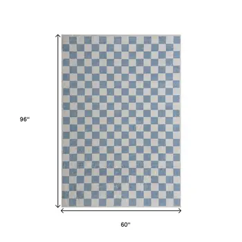 5' X 8' Blue And Off White Checkered Area Rug
