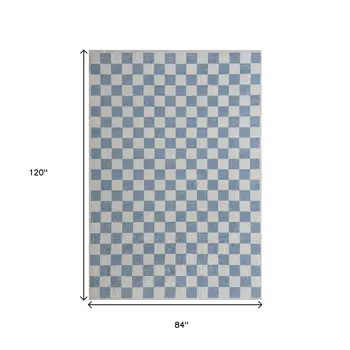 7' X 10' Blue And Off White Checkered Area Rug