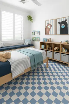8' X 11' Blue And Off White Checkered Area Rug