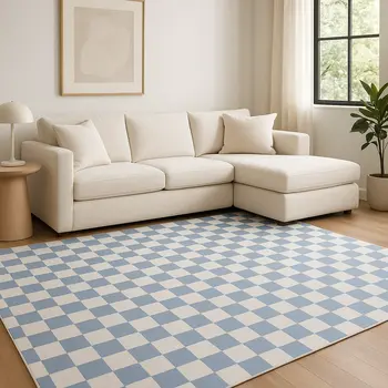 8' X 11' Blue And Off White Checkered Area Rug