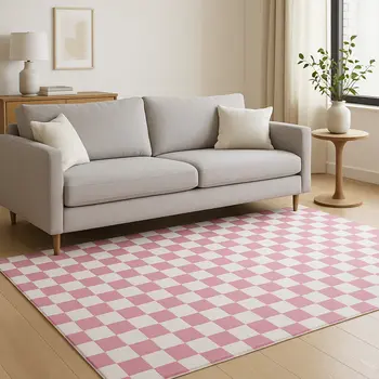 5' X 8' Pink And Off White Checkered Area Rug