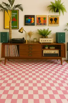 8' X 11' Pink And Off White Checkered Area Rug