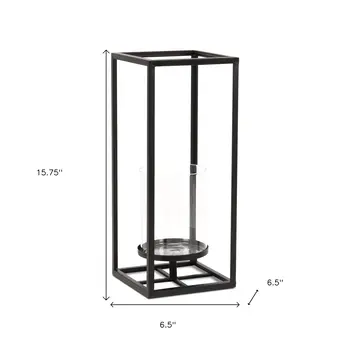 16" Black And Clear Metal And Glass Tabletop Candle Holder