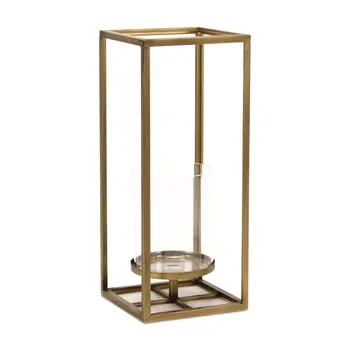 16" Clear And Gold Metal And Glass Tabletop Candle Holder