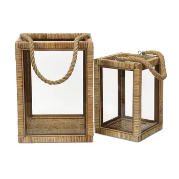 Set of Two Natural Glass Rattan And Rope Tabletop Lantern Candle Holders