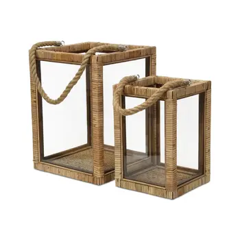 Set of Two Natural Glass Rattan And Rope Tabletop Lantern Candle Holders