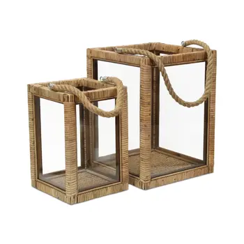 Set of Two Natural Glass Rattan And Rope Tabletop Lantern Candle Holders