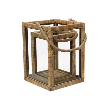 Set of Two Natural Glass Rattan And Rope Tabletop Lantern Candle Holders