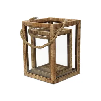 Set of Two Natural Glass Rattan And Rope Tabletop Lantern Candle Holders