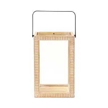 16" Clear And Natural Glass And Solid Wood Tabletop Lantern Candle Holder