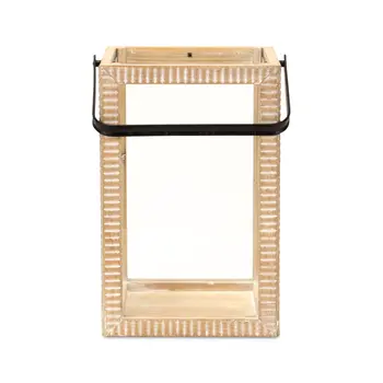 16" Clear And Natural Glass And Solid Wood Tabletop Lantern Candle Holder