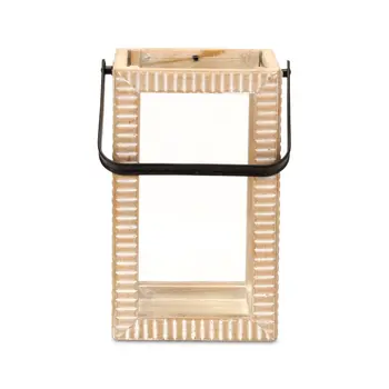 13" Natural Distressed Geometric Solid Wood Tabletop Lantern Candle Holder