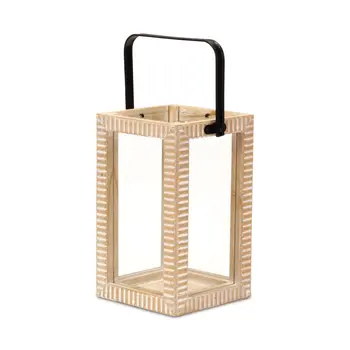 13" Natural Distressed Geometric Solid Wood Tabletop Lantern Candle Holder