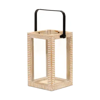 13" Natural Distressed Geometric Solid Wood Tabletop Lantern Candle Holder
