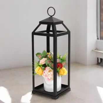 29" Black Geometric Metal Floor Lantern Candle Holder