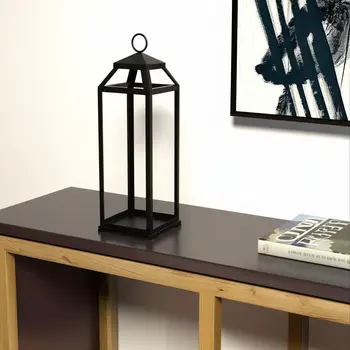 29" Black Geometric Metal Floor Lantern Candle Holder