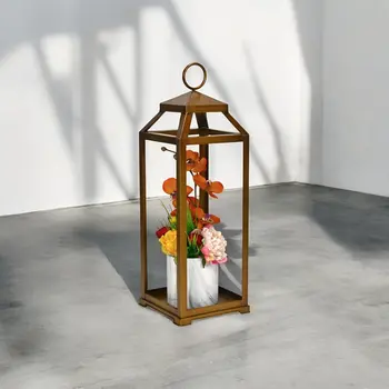 29" Gold Geometric Metal Floor Lantern Candle Holder