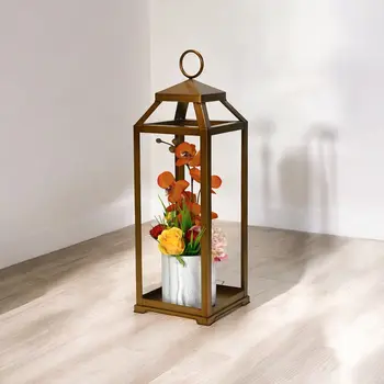 29" Gold Geometric Metal Floor Lantern Candle Holder