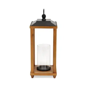 21" Brown And Black Geometric Metal And Solid Wood Tabletop Lantern Candle Holder