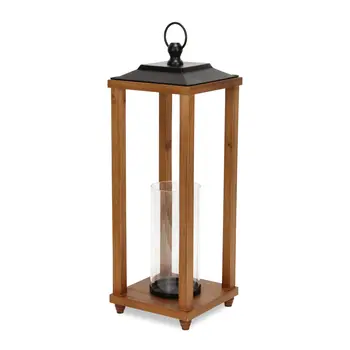 24" Brown And Black Geometric Metal And Solid Wood Floor Lantern Candle Holder