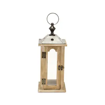 16" Natural And Gray Geometric Metal And Solid Wood Tabletop Lantern Candle Holder