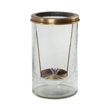 9" Clear And Gold Botanical Leaf Glass And Metal Tabletop Hurricane Candle Holder