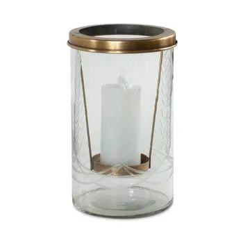 9" Clear And Gold Botanical Leaf Glass And Metal Tabletop Hurricane Candle Holder