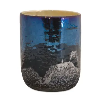5" Navy Blue And Silver Abstract Glass Tabletop Pillar Candle Holder
