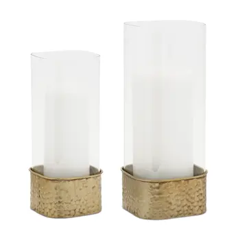 Set of Two Clear And Gold Hammered Glass And Metal Tabletop Hurricane Candle Holders