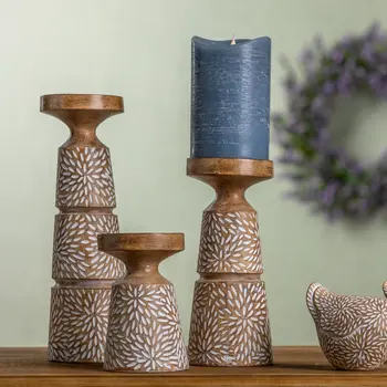 Set of Three Brown And White Distressed Floral Resin Tabletop Pillar Candle Holders