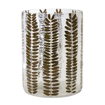 8" Clear And Green Botanical Leaf Glass Tabletop Pillar Candle Holder