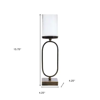 Set of Two Antiqued Bronze Geometric Glass And Metal Tabletop Hurricane Candle Holders