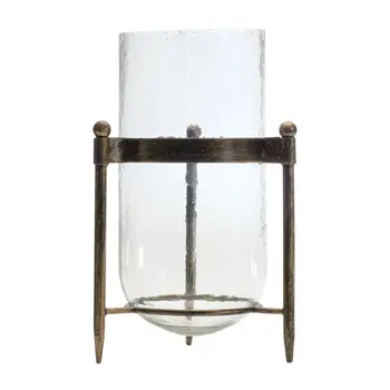 14" Bronze And Clear Glass And Metal Tabletop Hurricane Candle Holder