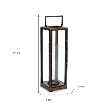 25" Black And Brown Metal And Solid Wood Tabletop Lantern Candle Holder
