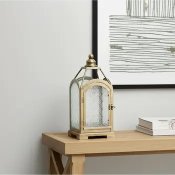16" Pewter Textured Glass And Metal Centerpiece Lantern Candle Holder