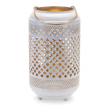 14" White And Gold Pierced Lattice Metal Lantern Candle Holder