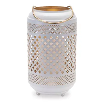 14" White And Gold Pierced Lattice Metal Lantern Candle Holder