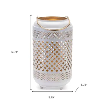14" White And Gold Pierced Lattice Metal Lantern Candle Holder