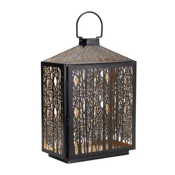 16" Black And Gold Pierced Floral Metal Lantern Candle Holder