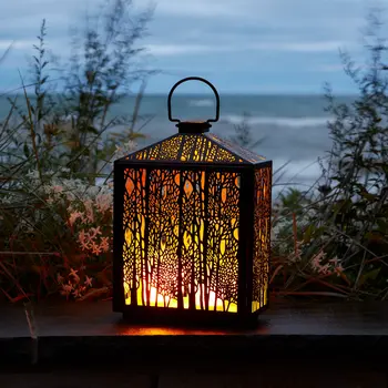 16" Black And Gold Pierced Floral Metal Lantern Candle Holder