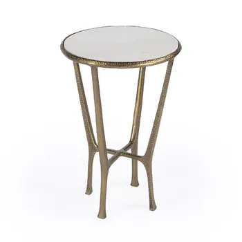 23" White and Gold Distressed Marble and Aluminum Round End Table