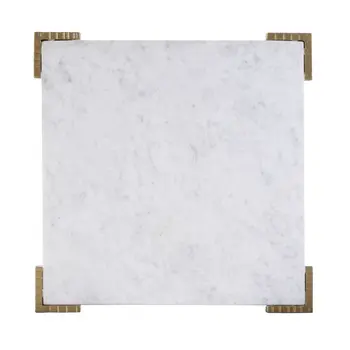 20" White and Gold Distressed Marble and Iron Square End Table