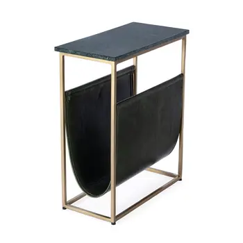 22" Green and Gold Marble and Iron Frame End Table With Magazine Holder