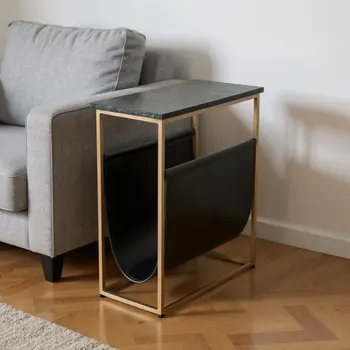 22" Green and Gold Marble and Iron Frame End Table With Magazine Holder