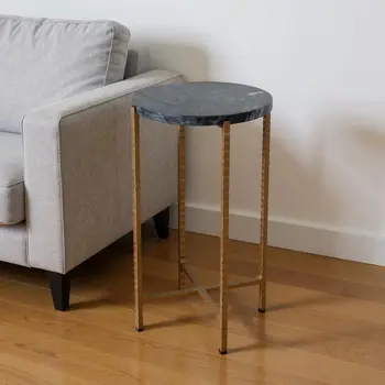21" Green and Gold Marble and Iron Round End Table