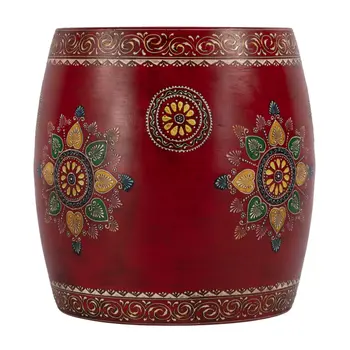 18" Red Iron Hand Painted Floral Round Drum End Table