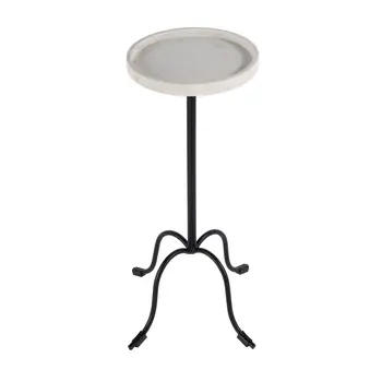 25" White and Black Marble and Iron Round Pedestal End Table