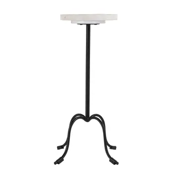 25" White and Black Marble and Iron Round Pedestal End Table
